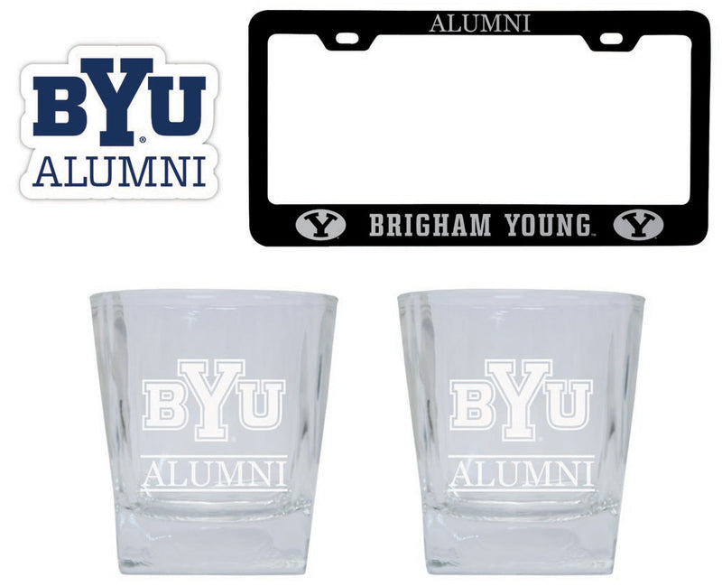 Brigham Young Cougars Collegiate Alumni Gift Set Engraved Whiskey Glasses, License Plate Frame & Decal 