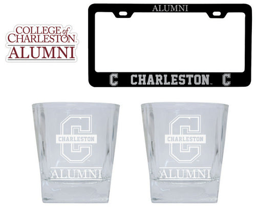 College of Charleston Collegiate Alumni Gift Set Engraved Whiskey Glasses, License Plate Frame & Decal 