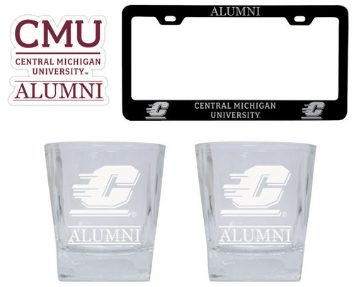 Central Michigan University Collegiate Alumni Gift Set Engraved Whiskey Glasses, License Plate Frame & Decal 