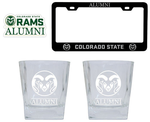 Colorado State Rams Collegiate Alumni Gift Set Engraved Whiskey Glasses, License Plate Frame & Decal 