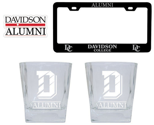Davidson College Collegiate Alumni Gift Set Engraved Whiskey Glasses, License Plate Frame & Decal 