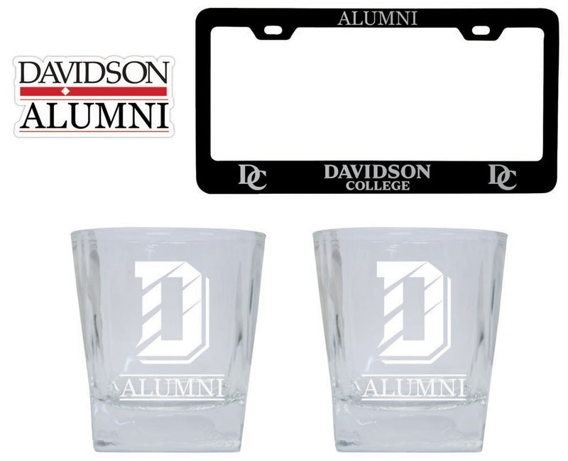 Davidson College Collegiate Alumni Gift Set Engraved Whiskey Glasses, License Plate Frame & Decal 