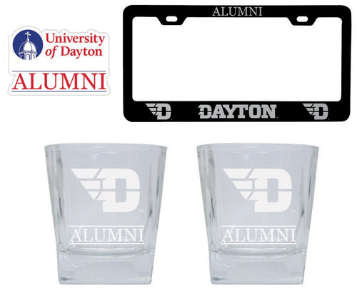 Dayton Flyers Collegiate Alumni Gift Set Engraved Whiskey Glasses, License Plate Frame & Decal 