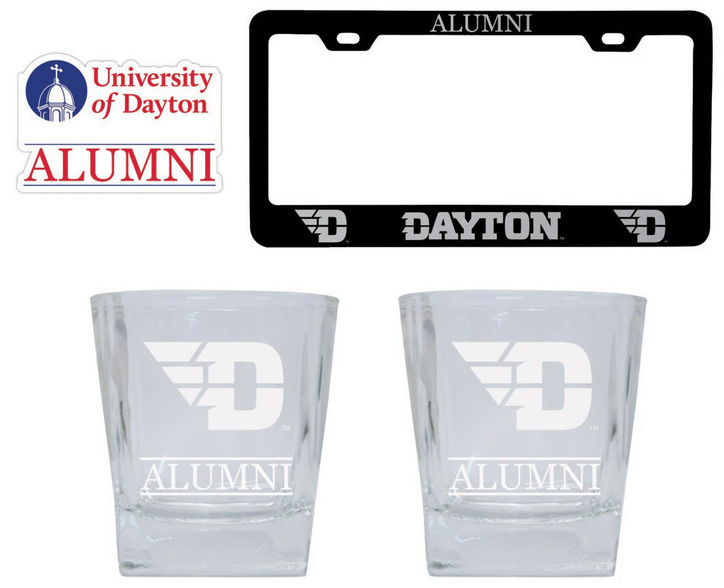 Dayton Flyers Collegiate Alumni Gift Set Engraved Whiskey Glasses, License Plate Frame & Decal 