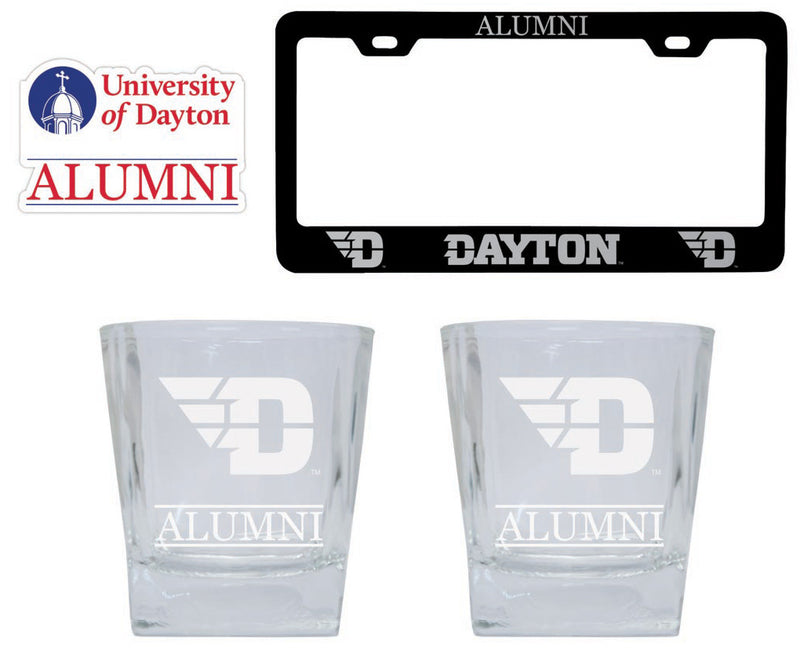 Dayton Flyers Collegiate Alumni Gift Set Engraved Whiskey Glasses, License Plate Frame & Decal 