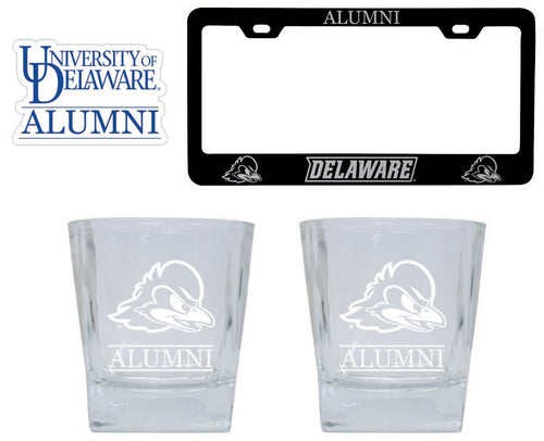 Delaware Blue Hens Collegiate Alumni Gift Set Engraved Whiskey Glasses, License Plate Frame & Decal 
