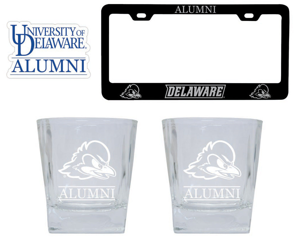 Delaware Blue Hens Collegiate Alumni Gift Set Engraved Whiskey Glasses, License Plate Frame & Decal 