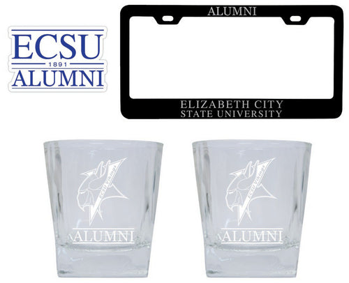 Elizabeth City State University Collegiate Alumni Gift Set Engraved Whiskey Glasses, License Plate Frame & Decal 
