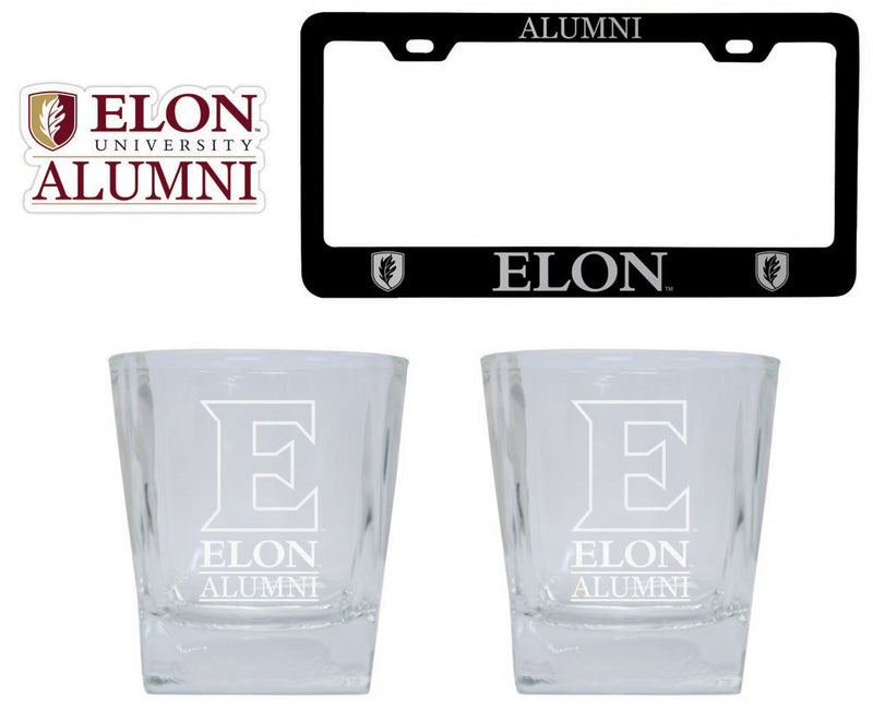 Elon University Collegiate Alumni Gift Set Engraved Whiskey Glasses, License Plate Frame & Decal 
