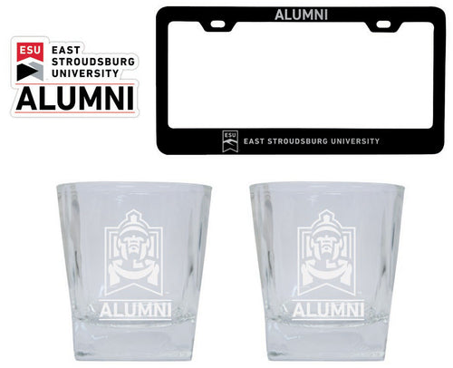 East Stroudsburg University Collegiate Alumni Gift Set Engraved Whiskey Glasses, License Plate Frame & Decal 
