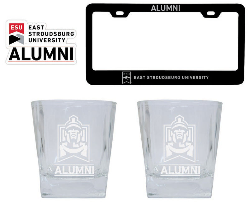 East Stroudsburg University Collegiate Alumni Gift Set Engraved Whiskey Glasses, License Plate Frame & Decal 