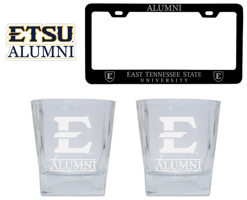 East Tennessee State University Collegiate Alumni Gift Set Engraved Whiskey Glasses, License Plate Frame & Decal 