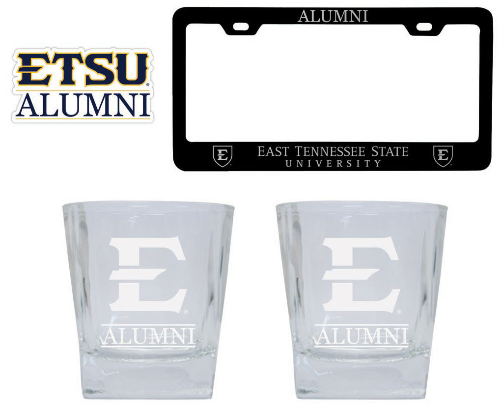 East Tennessee State University Collegiate Alumni Gift Set Engraved Whiskey Glasses, License Plate Frame & Decal 