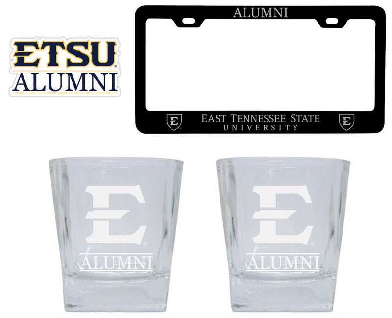 East Tennessee State University Collegiate Alumni Gift Set Engraved Whiskey Glasses, License Plate Frame & Decal 