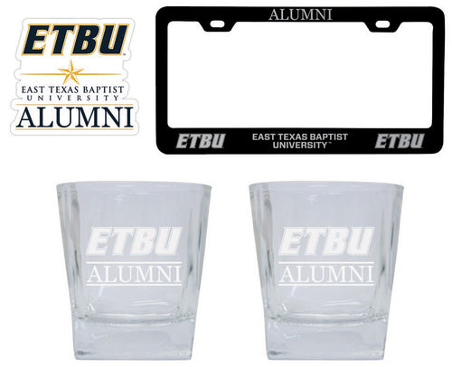 East Texas Baptist University Collegiate Alumni Gift Set Engraved Whiskey Glasses, License Plate Frame & Decal 