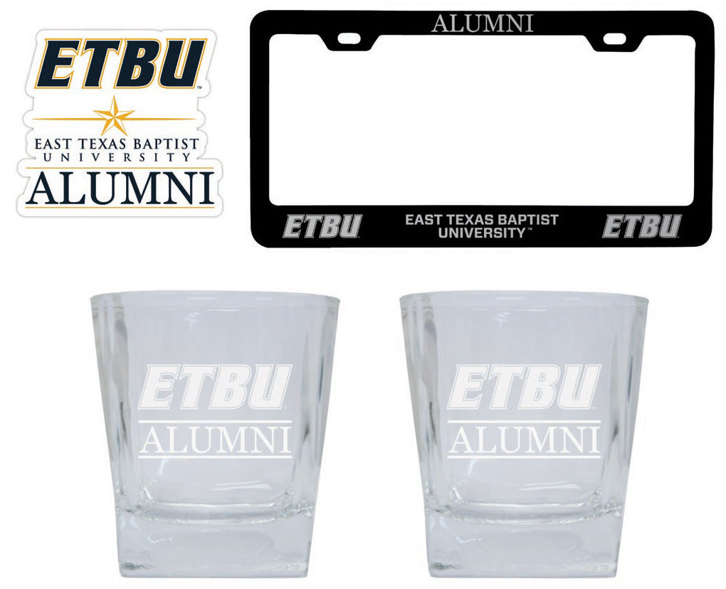 East Texas Baptist University Collegiate Alumni Gift Set Engraved Whiskey Glasses, License Plate Frame & Decal 