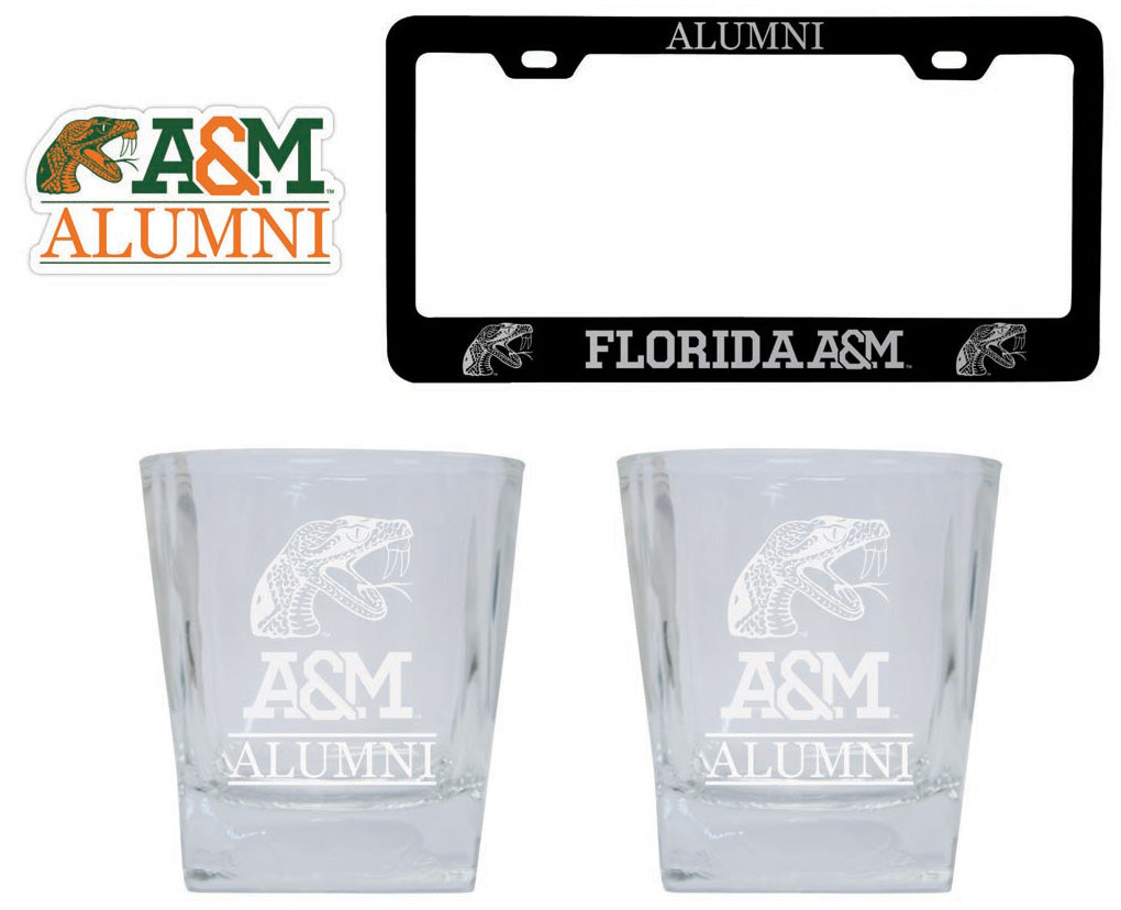Florida A&M Rattlers Collegiate Alumni Gift Set Engraved Whiskey Glasses, License Plate Frame & Decal 