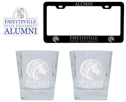 Fayetteville State University Collegiate Alumni Gift Set Engraved Whiskey Glasses, License Plate Frame & Decal 