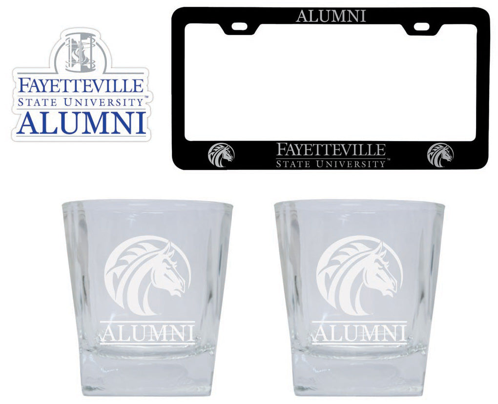 Fayetteville State University Collegiate Alumni Gift Set Engraved Whiskey Glasses, License Plate Frame & Decal 
