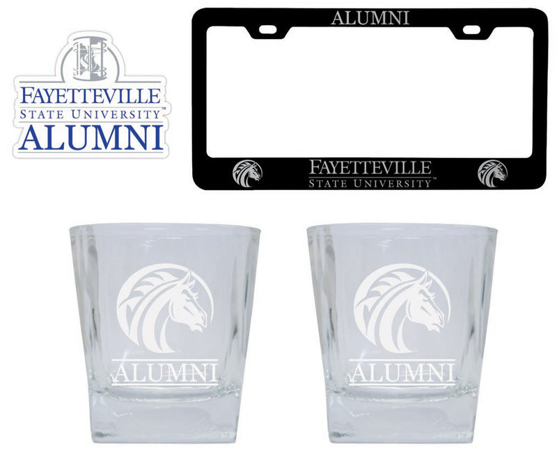 Fayetteville State University Collegiate Alumni Gift Set Engraved Whiskey Glasses, License Plate Frame & Decal 