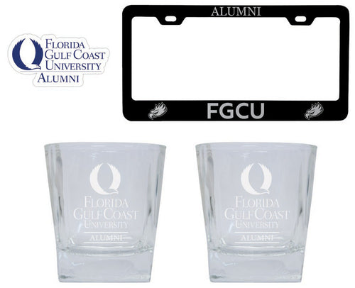 Florida Gulf Coast Eagles Collegiate Alumni Gift Set Engraved Whiskey Glasses, License Plate Frame & Decal 