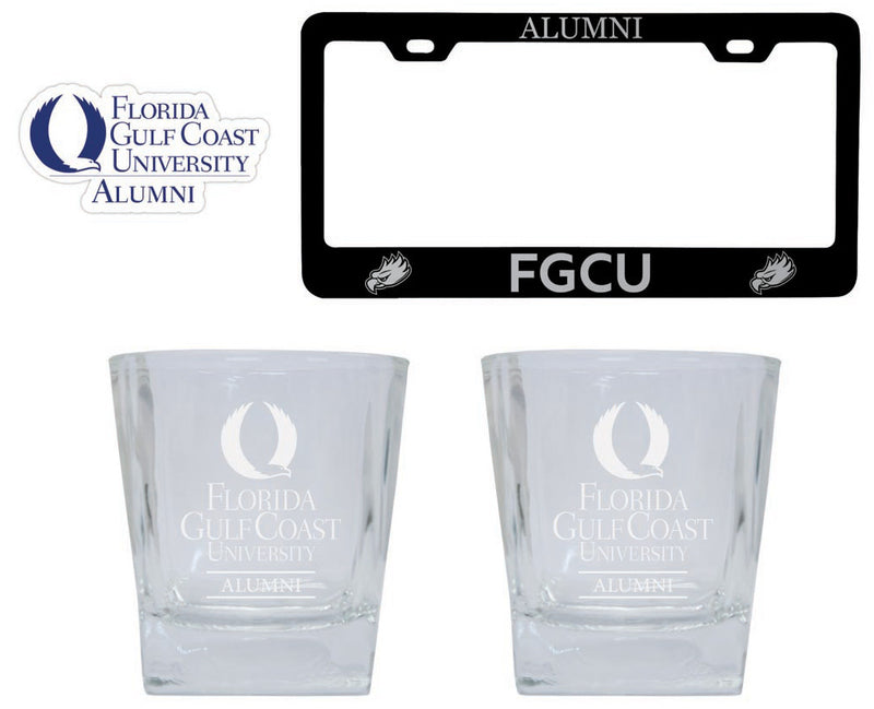 Florida Gulf Coast Eagles Collegiate Alumni Gift Set Engraved Whiskey Glasses, License Plate Frame & Decal 