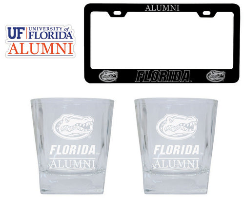 Florida Gators Collegiate Alumni Gift Set Engraved Whiskey Glasses, License Plate Frame & Decal 