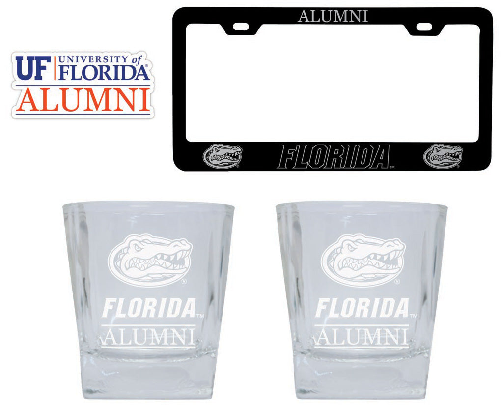 Florida Gators Collegiate Alumni Gift Set Engraved Whiskey Glasses, License Plate Frame & Decal 