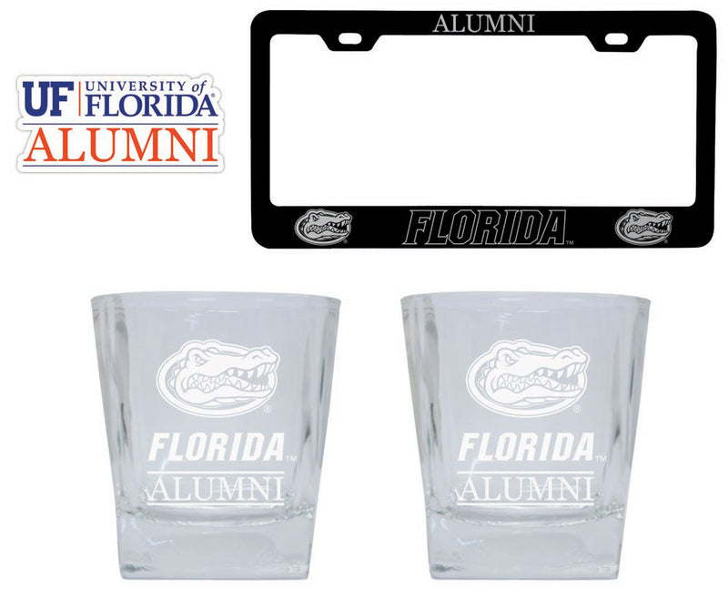 Florida Gators Collegiate Alumni Gift Set Engraved Whiskey Glasses, License Plate Frame & Decal 
