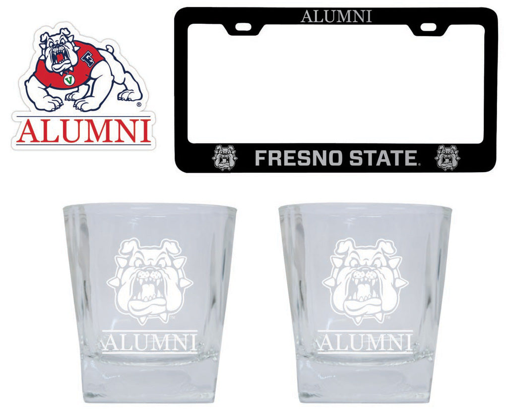 Fresno State Bulldogs Collegiate Alumni Gift Set Engraved Whiskey Glasses, License Plate Frame & Decal 
