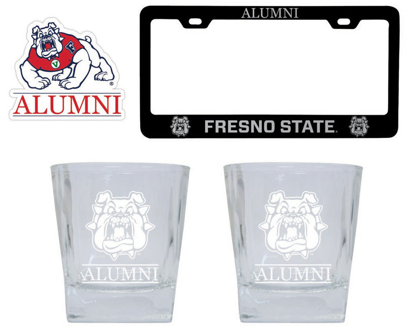 Fresno State Bulldogs Collegiate Alumni Gift Set Engraved Whiskey Glasses, License Plate Frame & Decal 