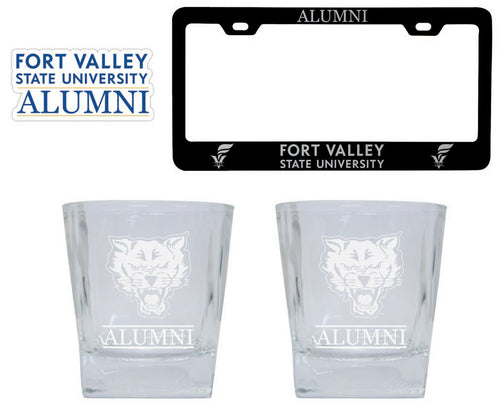 Fort Valley State University Collegiate Alumni Gift Set Engraved Whiskey Glasses, License Plate Frame & Decal 