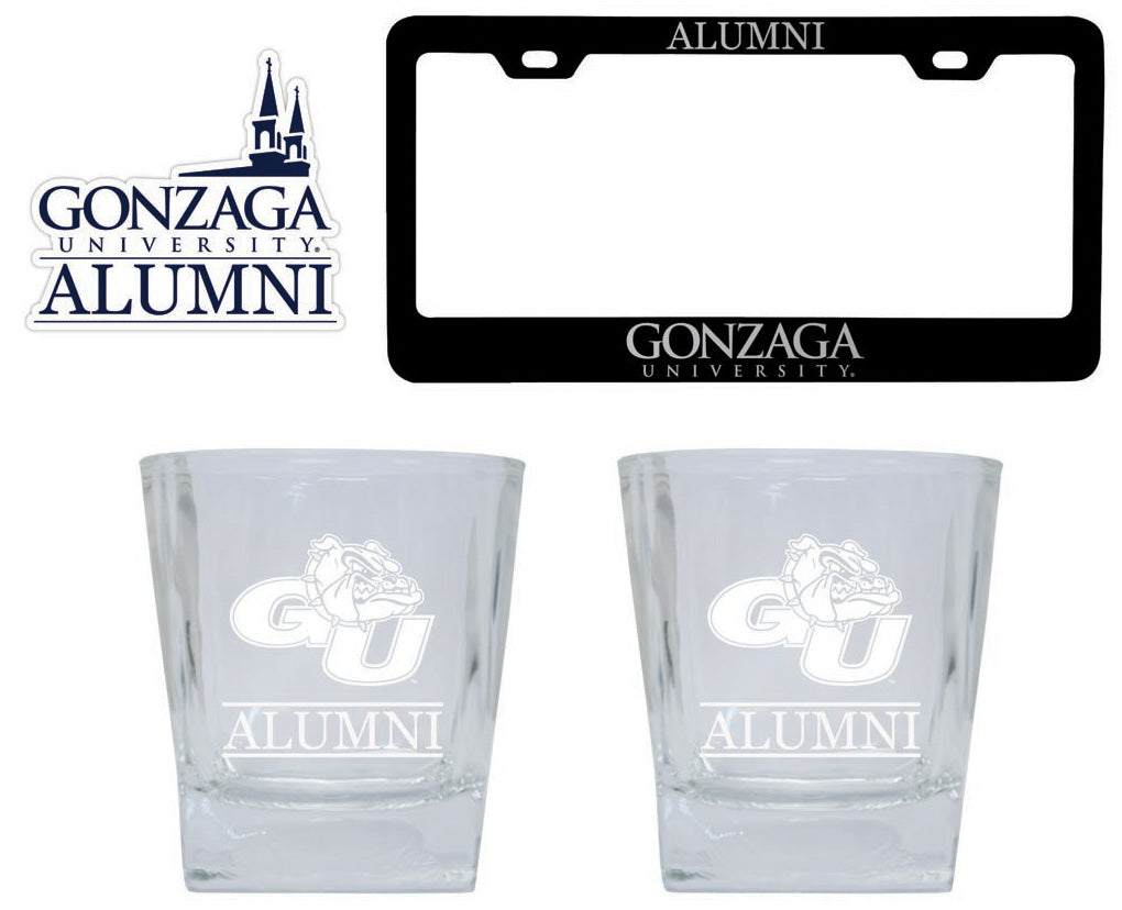 Gonzaga Bulldogs Collegiate Alumni Gift Set Engraved Whiskey Glasses, License Plate Frame & Decal 