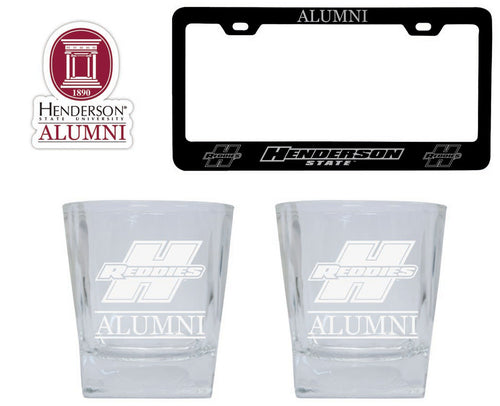Henderson State Reddies Collegiate Alumni Gift Set Engraved Whiskey Glasses, License Plate Frame & Decal 