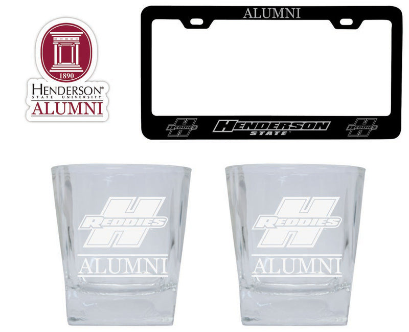 Henderson State Reddies Collegiate Alumni Gift Set Engraved Whiskey Glasses, License Plate Frame & Decal 