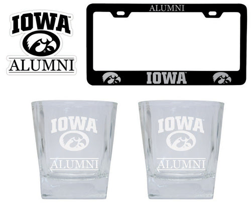 Iowa Hawkeyes Collegiate Alumni Gift Set Engraved Whiskey Glasses, License Plate Frame & Decal 