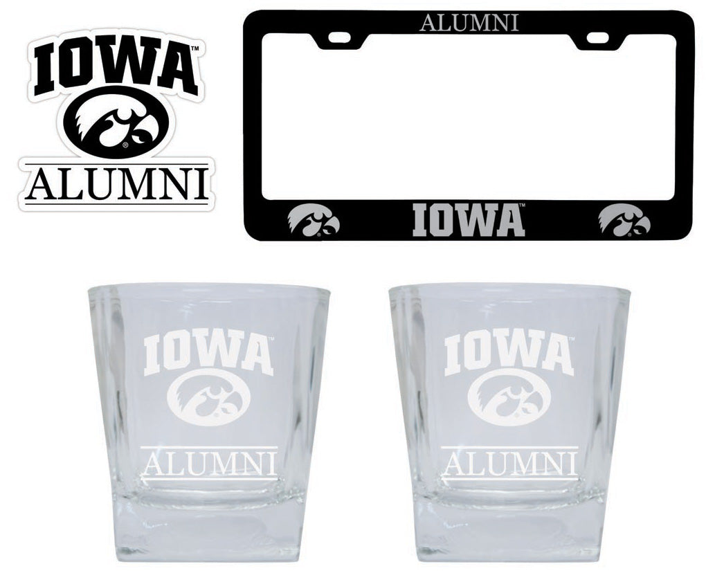Iowa Hawkeyes Collegiate Alumni Gift Set Engraved Whiskey Glasses, License Plate Frame & Decal 