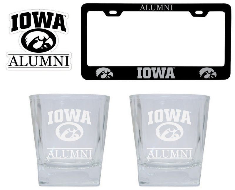 Iowa Hawkeyes Collegiate Alumni Gift Set Engraved Whiskey Glasses, License Plate Frame & Decal 