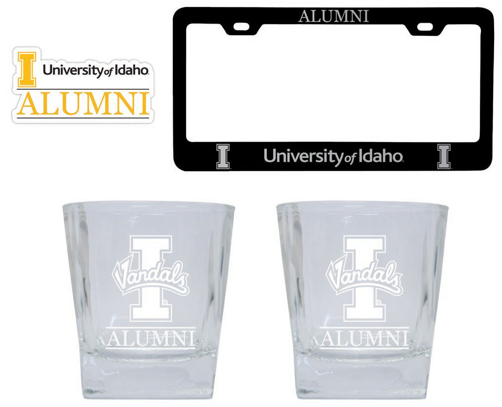Idaho Vandals Collegiate Alumni Gift Set Engraved Whiskey Glasses, License Plate Frame & Decal 