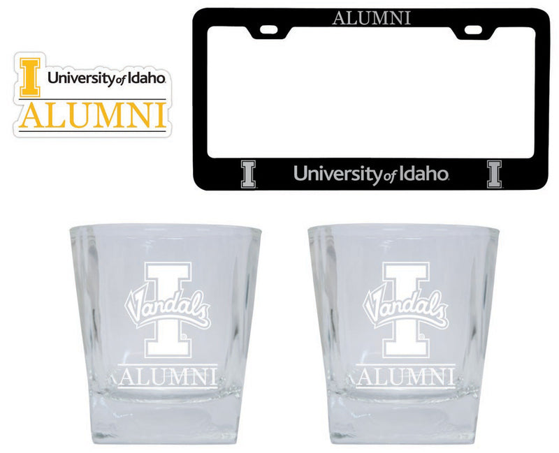 Idaho Vandals Collegiate Alumni Gift Set Engraved Whiskey Glasses, License Plate Frame & Decal 