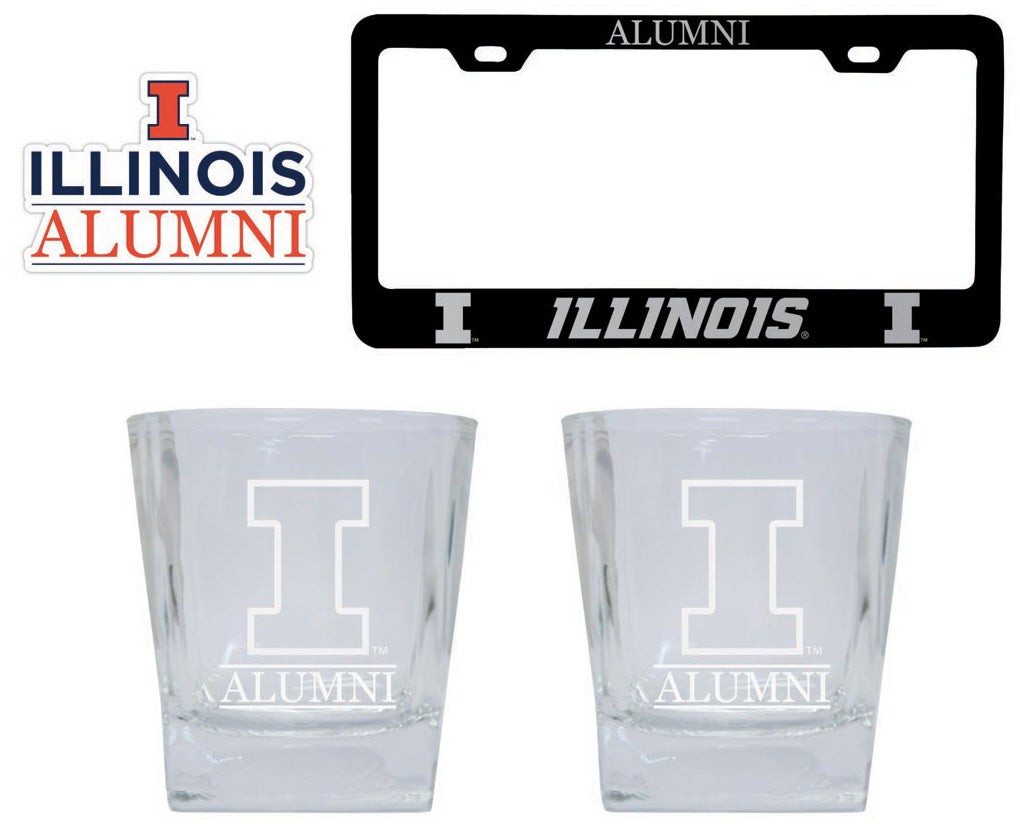 Illinois State Redbirds Collegiate Alumni Gift Set Engraved Whiskey Glasses, License Plate Frame & Decal 