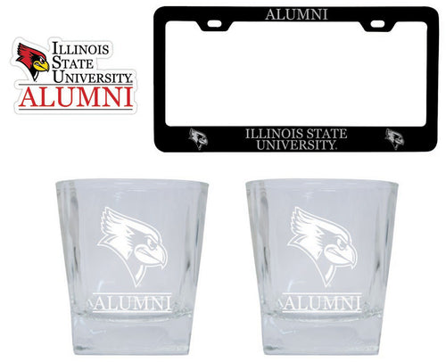 Illinois Fighting Illini Collegiate Alumni Gift Set Engraved Whiskey Glasses, License Plate Frame & Decal 