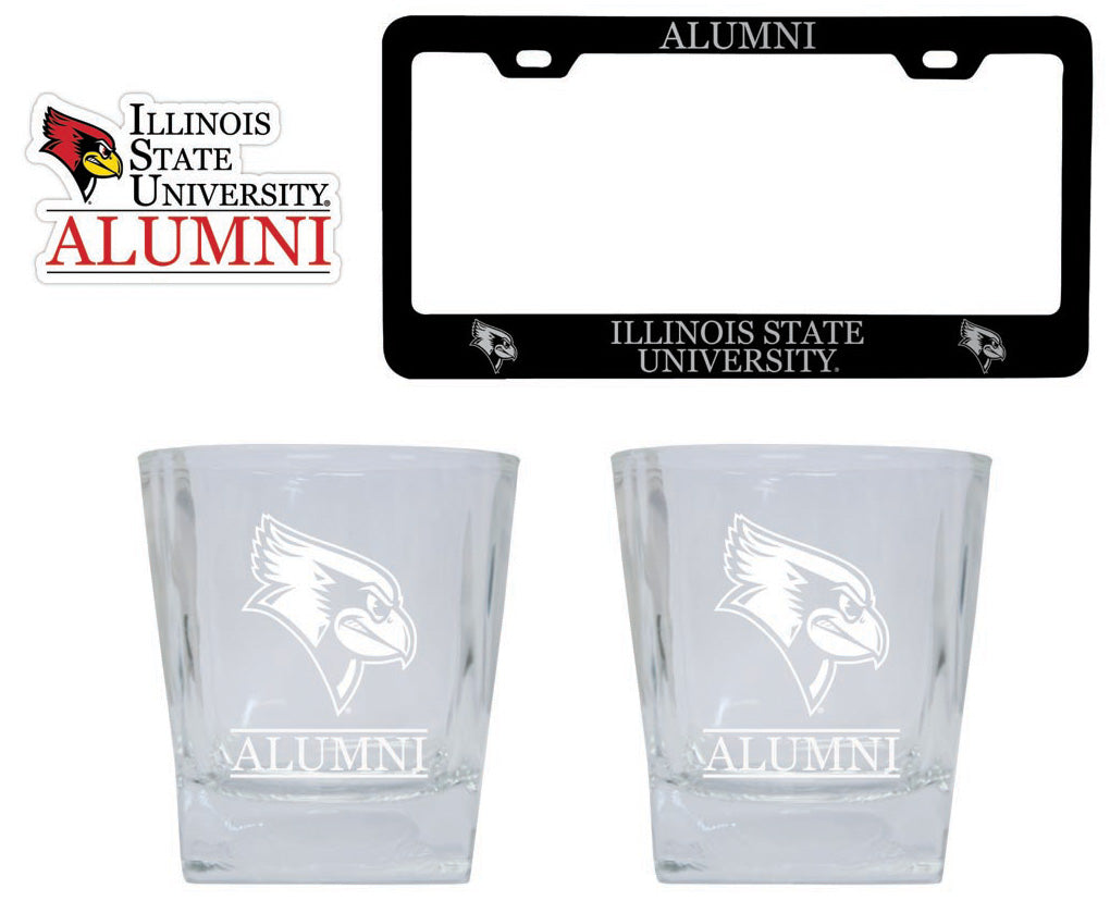 Illinois Fighting Illini Collegiate Alumni Gift Set Engraved Whiskey Glasses, License Plate Frame & Decal 