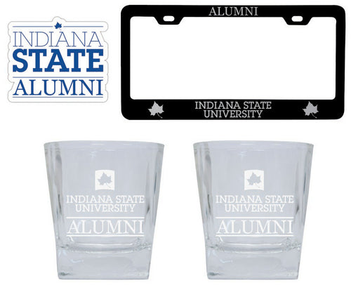 Indiana State University Collegiate Alumni Gift Set Engraved Whiskey Glasses, License Plate Frame & Decal 