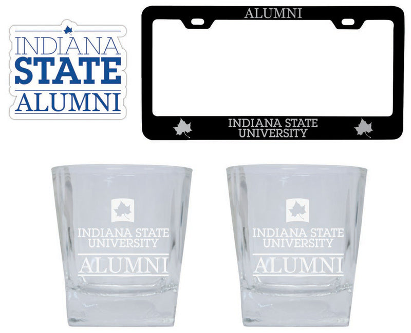 Indiana State University Collegiate Alumni Gift Set Engraved Whiskey Glasses, License Plate Frame & Decal 
