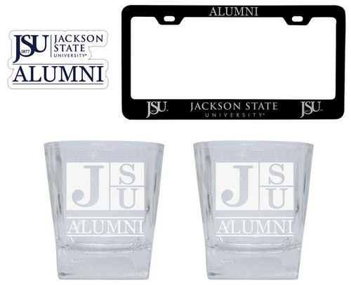 Jackson State University Collegiate Alumni Gift Set Engraved Whiskey Glasses, License Plate Frame & Decal 