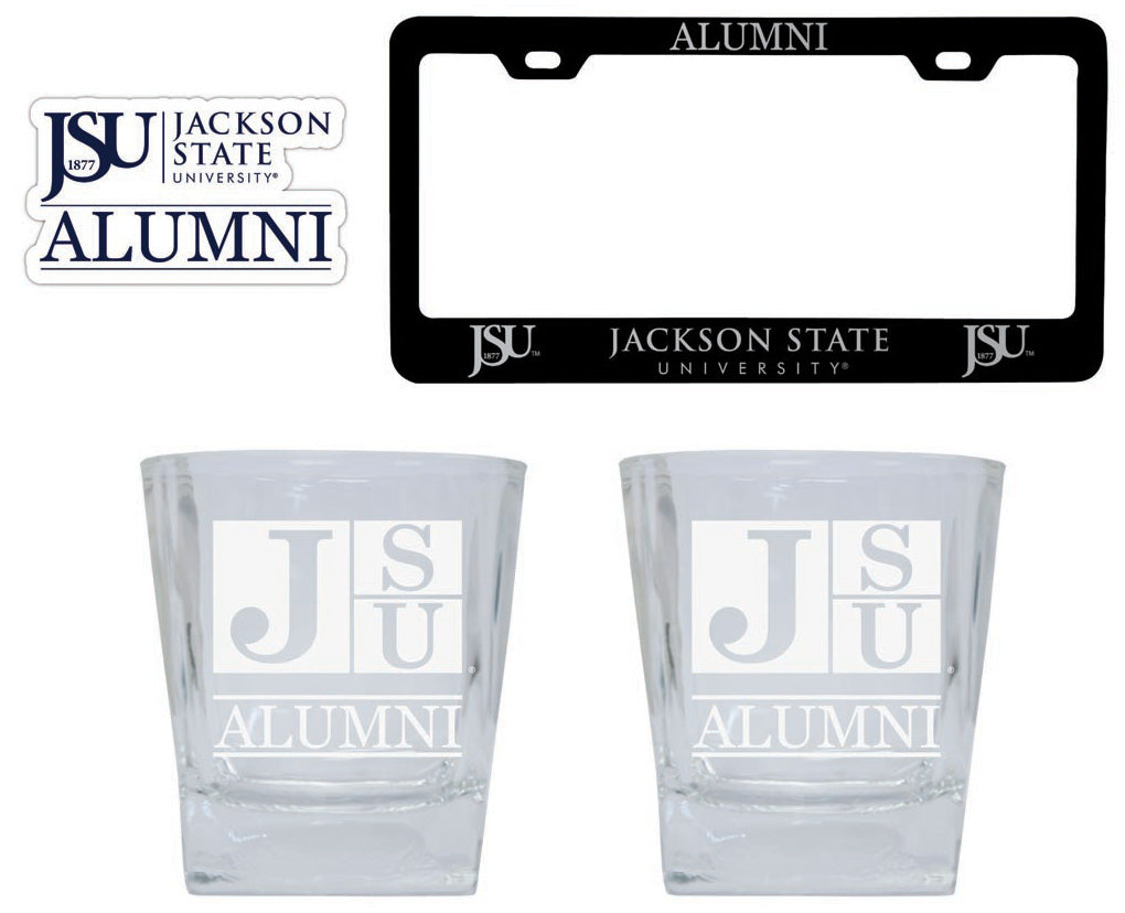 Jackson State University Collegiate Alumni Gift Set Engraved Whiskey Glasses, License Plate Frame & Decal 
