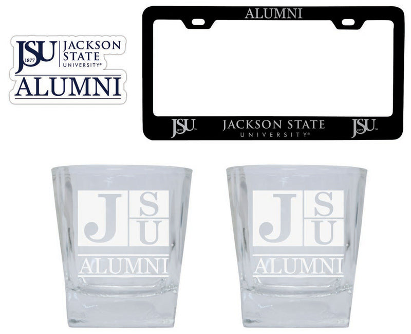 Jackson State University Collegiate Alumni Gift Set Engraved Whiskey Glasses, License Plate Frame & Decal 