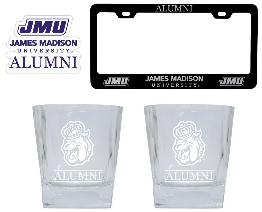 James Madison Dukes Collegiate Alumni Gift Set Engraved Whiskey Glasses, License Plate Frame & Decal 