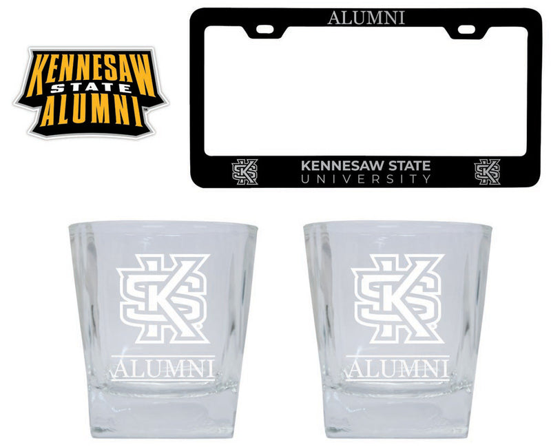 Kennesaw State University Collegiate Alumni Gift Set Engraved Whiskey Glasses, License Plate Frame & Decal 